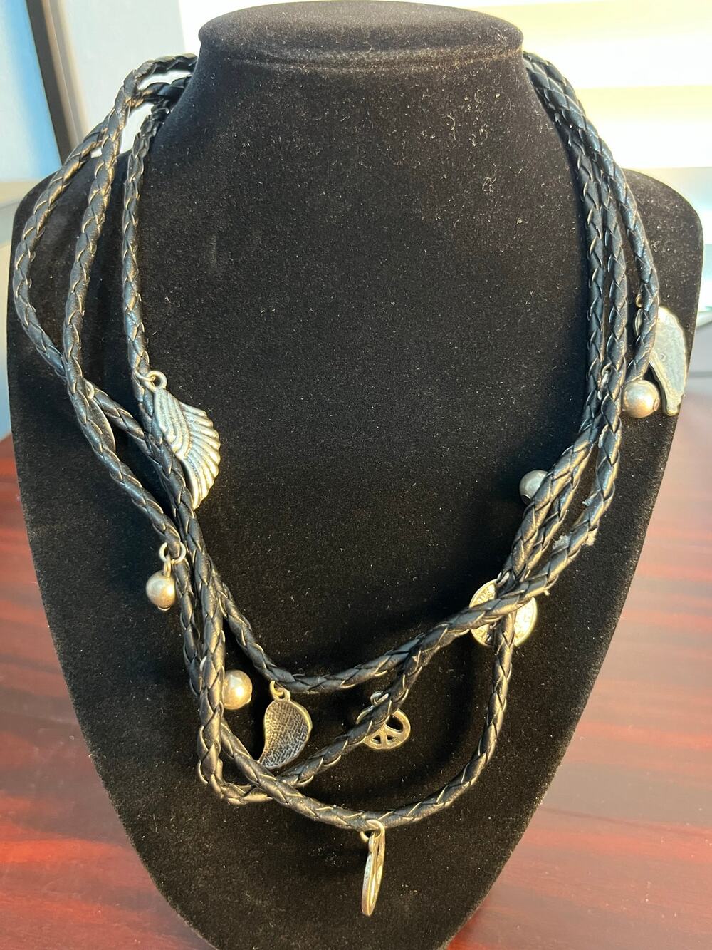 Y2K 3 Strand Black Faux Leather Necklace Peace Sign Angel Wings Biker Goth
